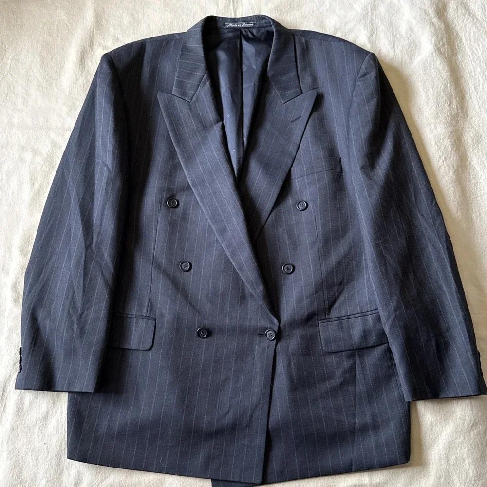 Pierre Balmain Double Breasted Blazer Jacket 48 Peak Lapel Gray Striped